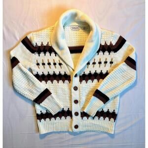 🤠 Vintage 70s Shawl Collar Cardigan M Cream Western Aztec Chunky Knit